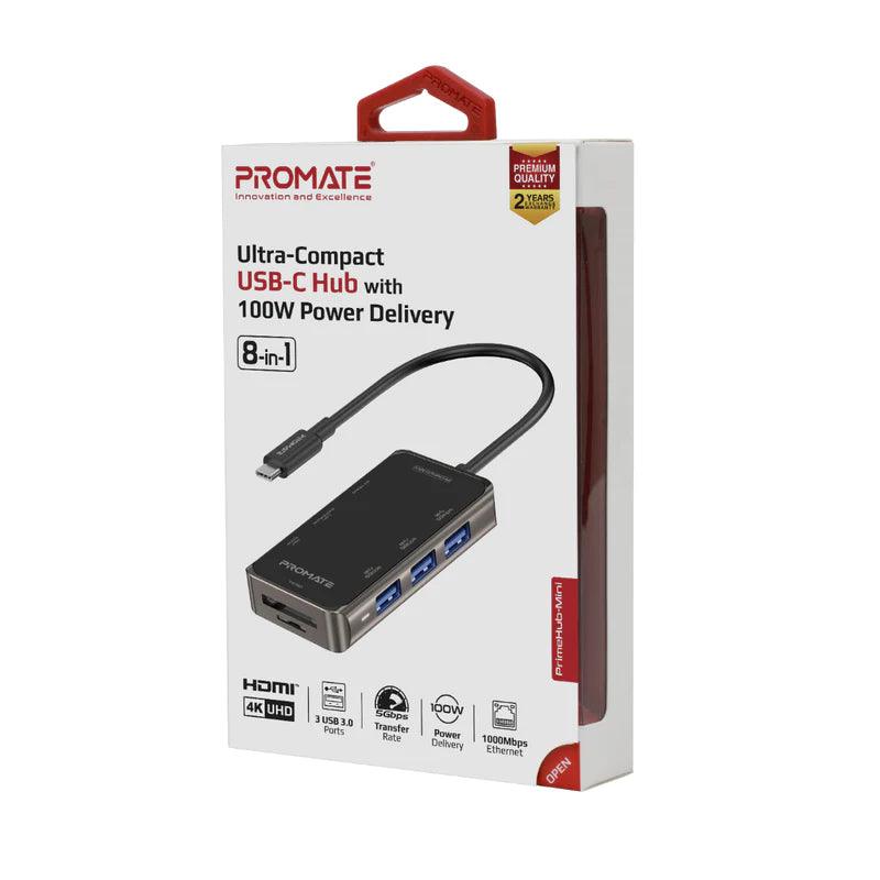 PROMATE PrimeHub Mini Compact USB C Hub with 100W Power Delivery - Black