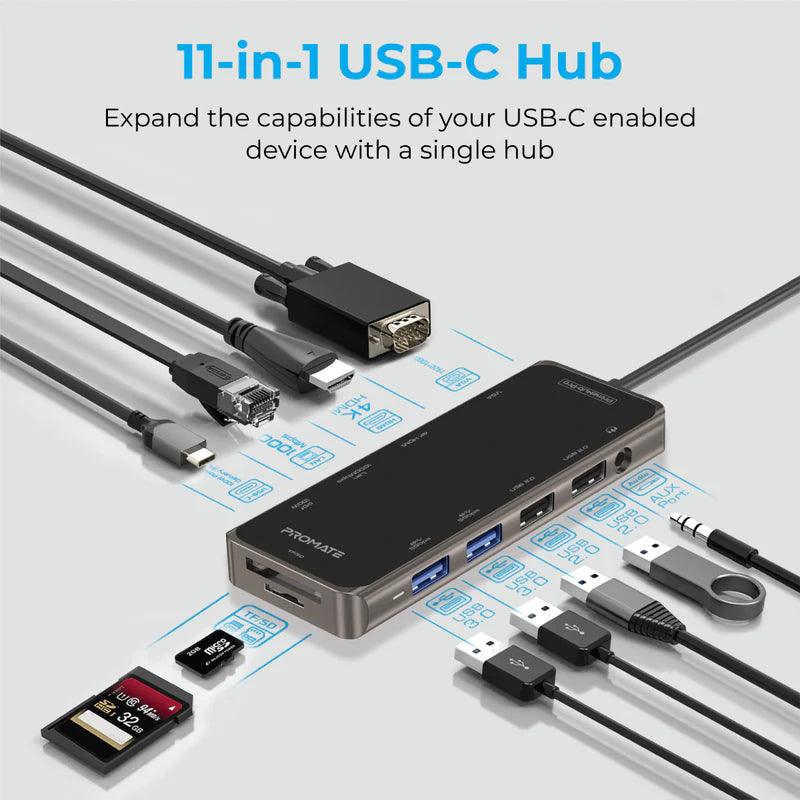 PROMATE PrimeHub Pro Multiport USB C Hub with 100W Power Delivery - Black