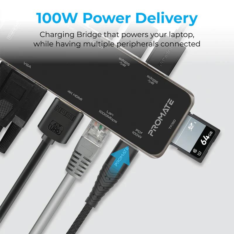 PROMATE PrimeHub Pro Multiport USB C Hub with 100W Power Delivery - Black