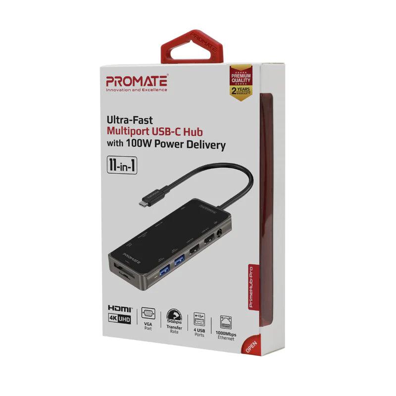 PROMATE PrimeHub Pro Multiport USB C Hub with 100W Power Delivery - Black