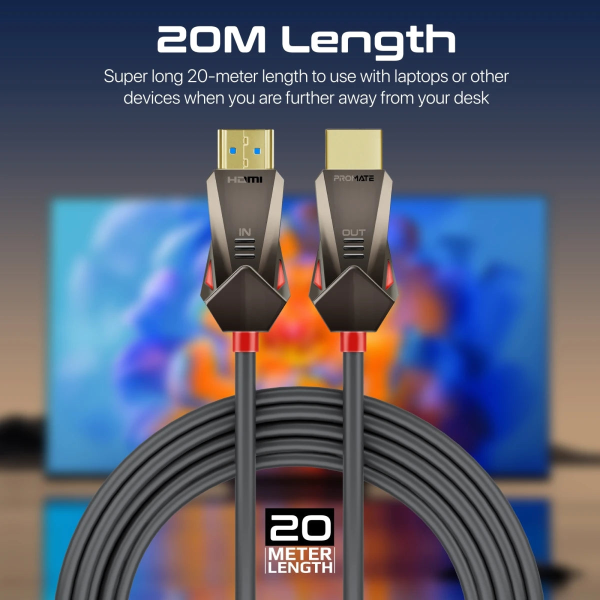 Promate ProLink4K60 20M HDMI Cable 4K 3D 5m Slim Design -  Black