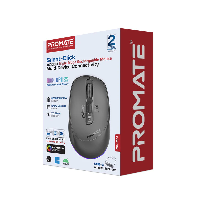 Promate Blix-3M Silent-Click 1600DPI Triple-Mode Rechargeable Mouse w/ Multi-Device Connectivity