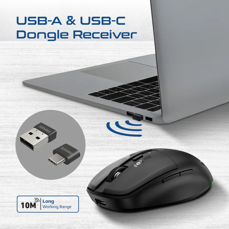 Promate Flixi Dual Mode Wireless Mouse with Rechargeable Battery BT & 2.4GHz Connectivity