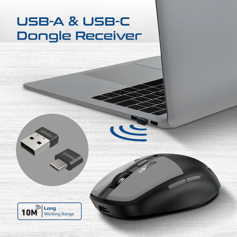 Promate Flixi Dual Mode Wireless Mouse with Rechargeable Battery BT & 2.4GHz Connectivity
