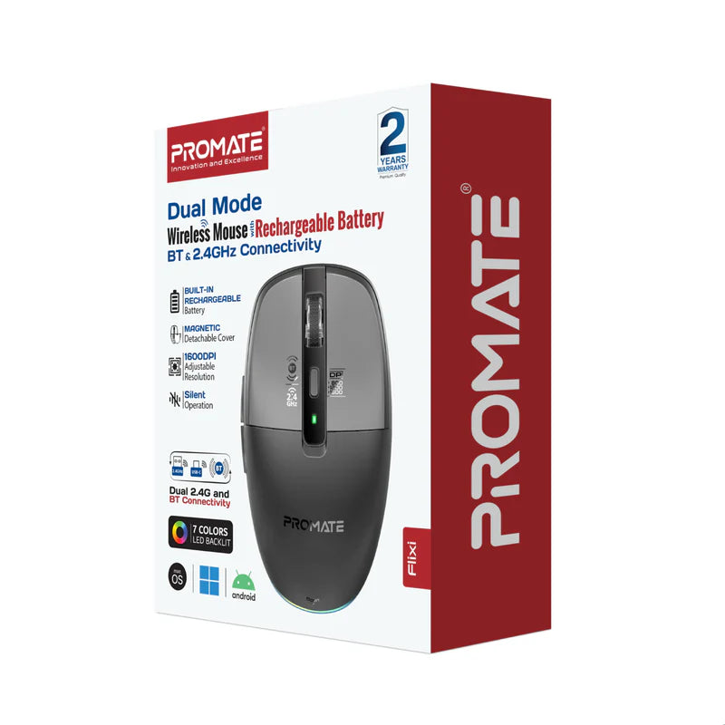 Promate Flixi Dual Mode Wireless Mouse with Rechargeable Battery BT & 2.4GHz Connectivity
