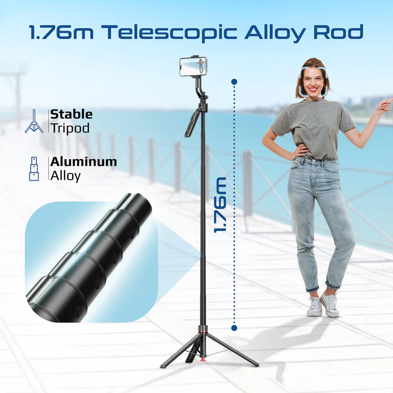 Promate TriPop-Ai 360° Ai Face Tracking Telescopic Selfie Stick with Auto Pop open Tripod Base