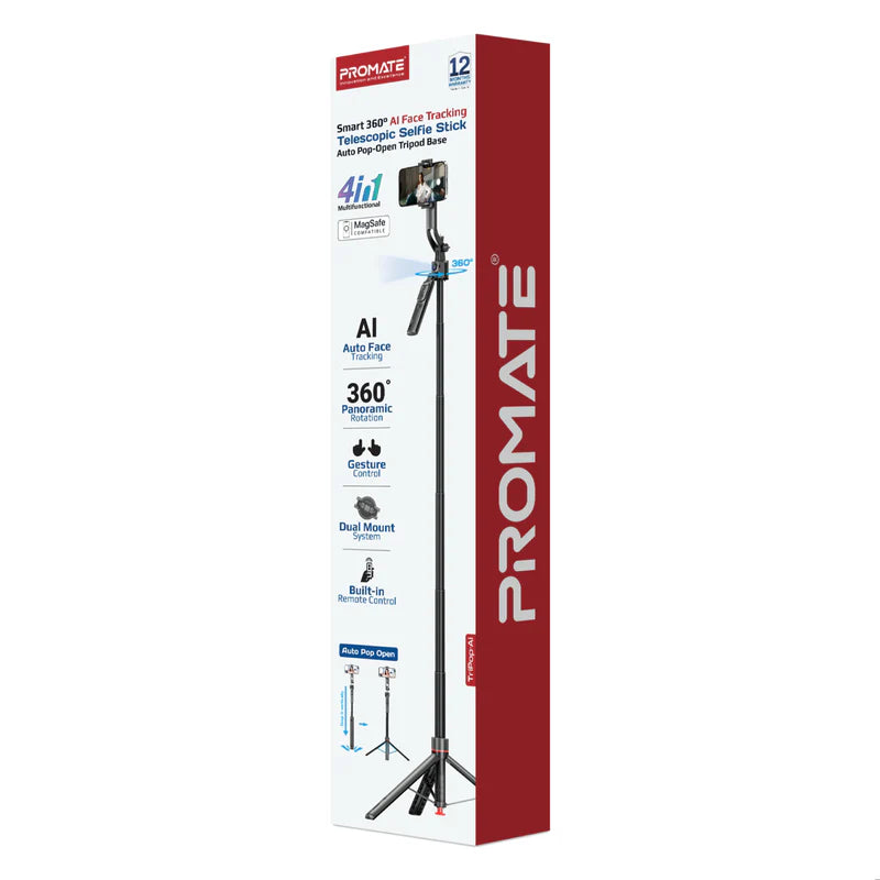 Promate TriPop-Ai 360° Ai Face Tracking Telescopic Selfie Stick with Auto Pop open Tripod Base