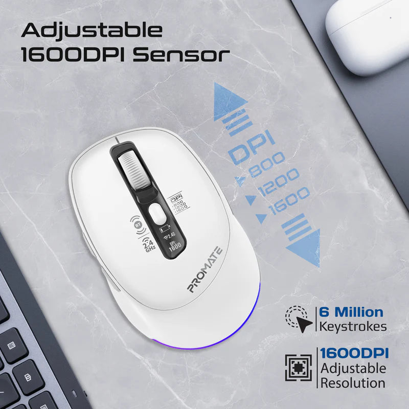 Promate Blix-3M Silent-Click 1600DPI Triple-Mode Rechargeable Mouse w/ Multi-Device Connectivity