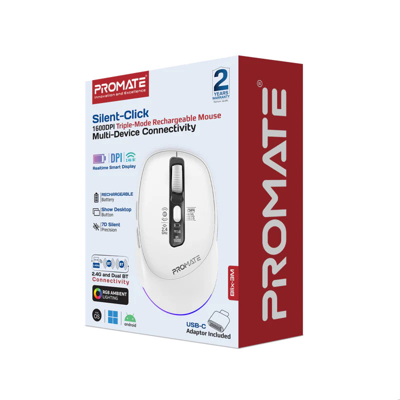 Promate Blix-3M Silent-Click 1600DPI Triple-Mode Rechargeable Mouse w/ Multi-Device Connectivity
