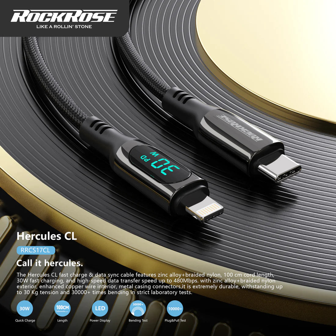 RockRose Hercules 1.2m USB C to Lightning Cable 30W Fast Charging - Black