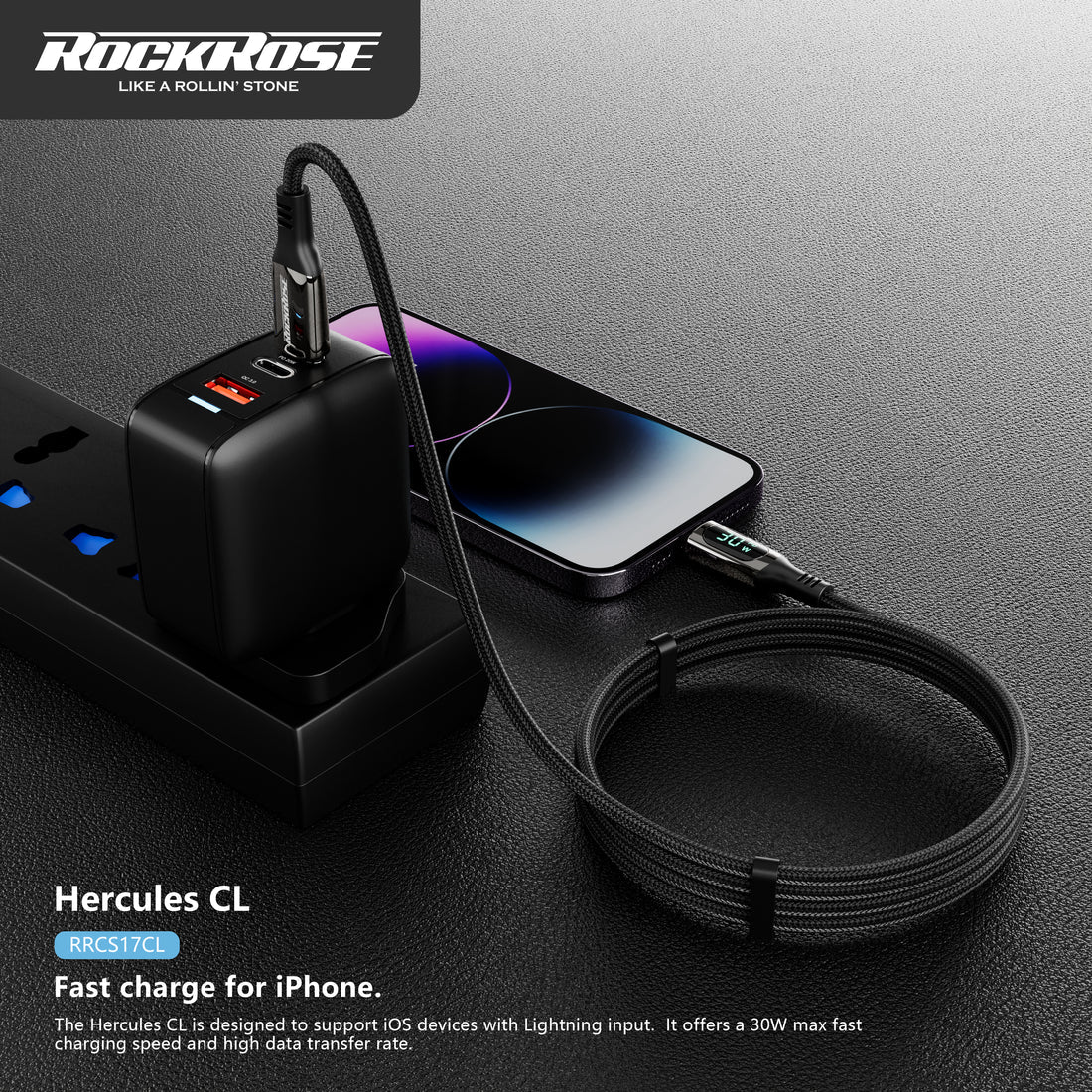 RockRose Hercules 1.2m USB C to Lightning Cable 30W Fast Charging - Black