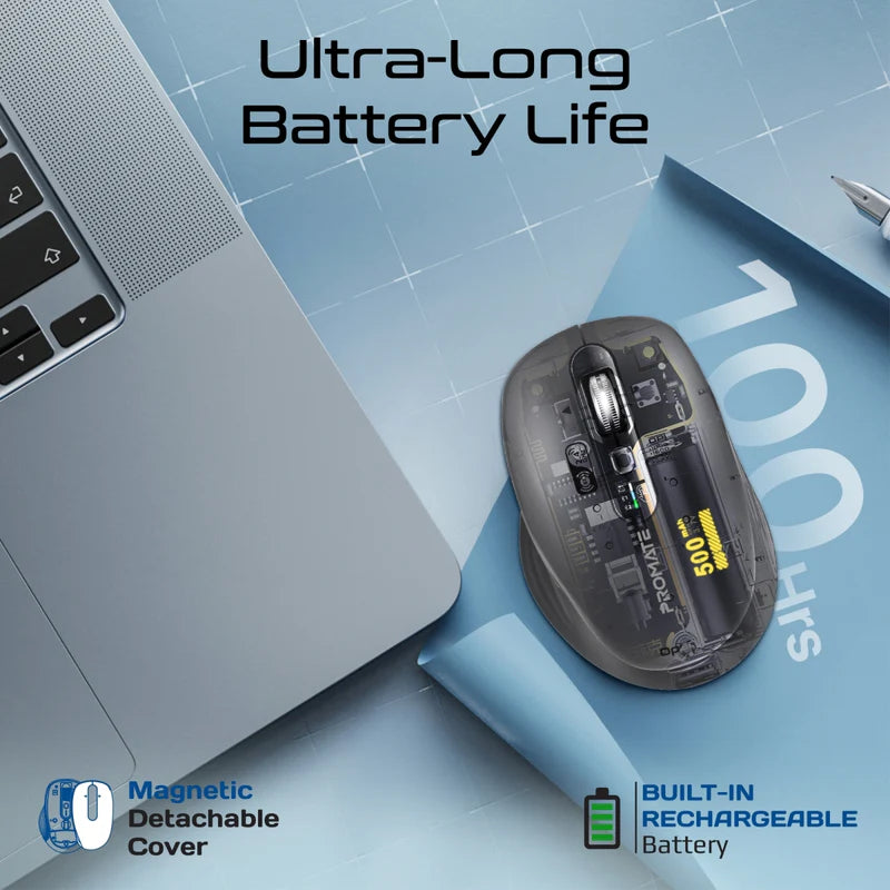 Promate SamoTri Tri-Connect Wireless Mouse with Rechargeable Battery, 2.4G and Dual BT Connectivity