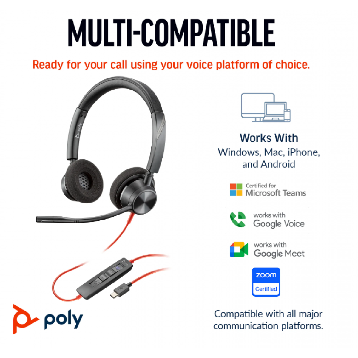 سماعة Poly Blackwire 3320 USB-C مع ميكروفون عازل للضوضاء