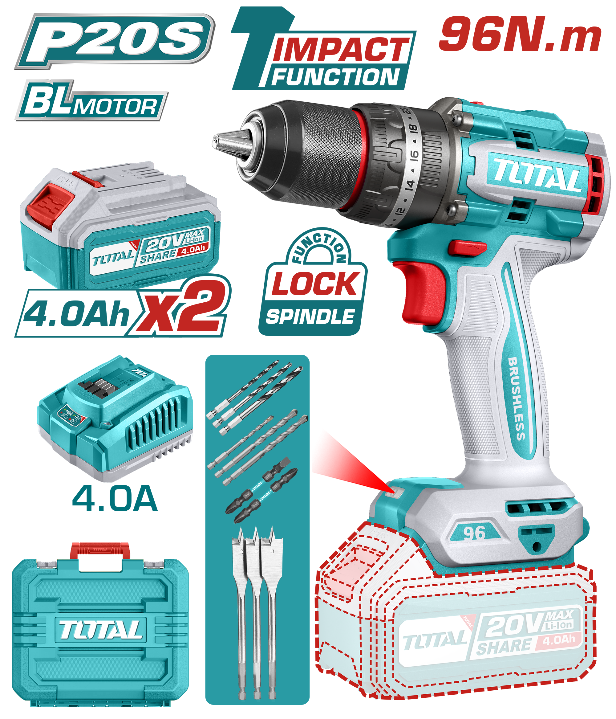 درل شحن بدون فحمات 96 نيوتن متر توتال 20V (TIDLI20968)