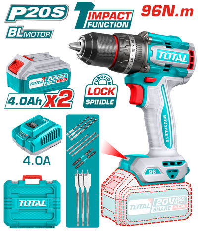 TOTAL 20V Brushless Cordless Impact Drill 96N.m (TIDLI20968)