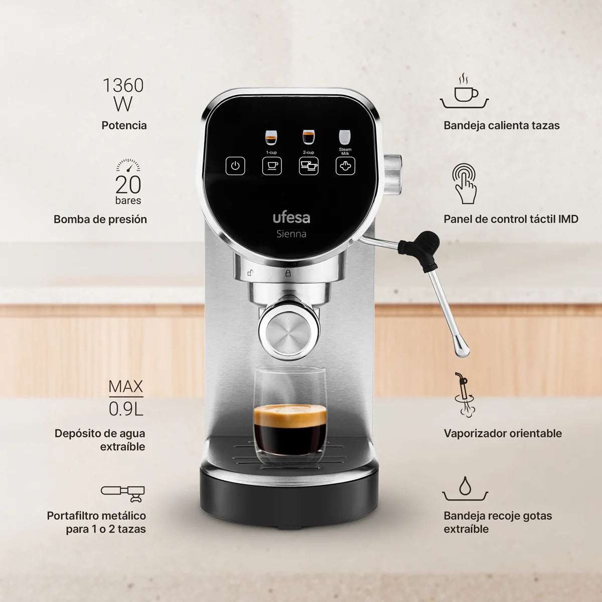 UFESA Sienna Thermoblock Espresso Machine - 20 Bar Coffee Maker with Steam Wand