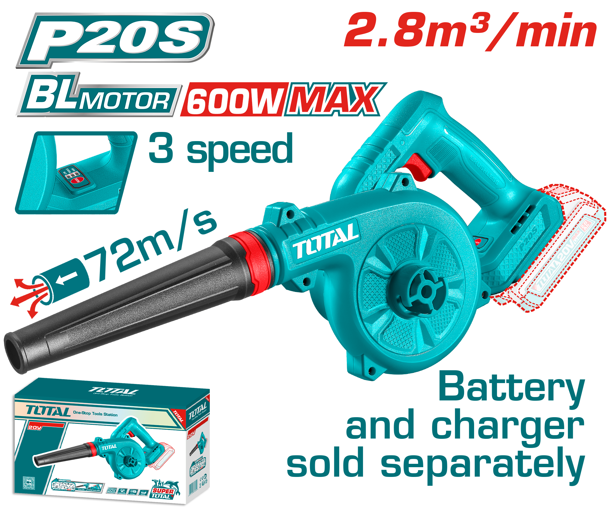 TOTAL 20V Brushless Cordless Blower | 72 m/s | 3 Speeds | Tool Only – No Battery & Charger | TABLI2068