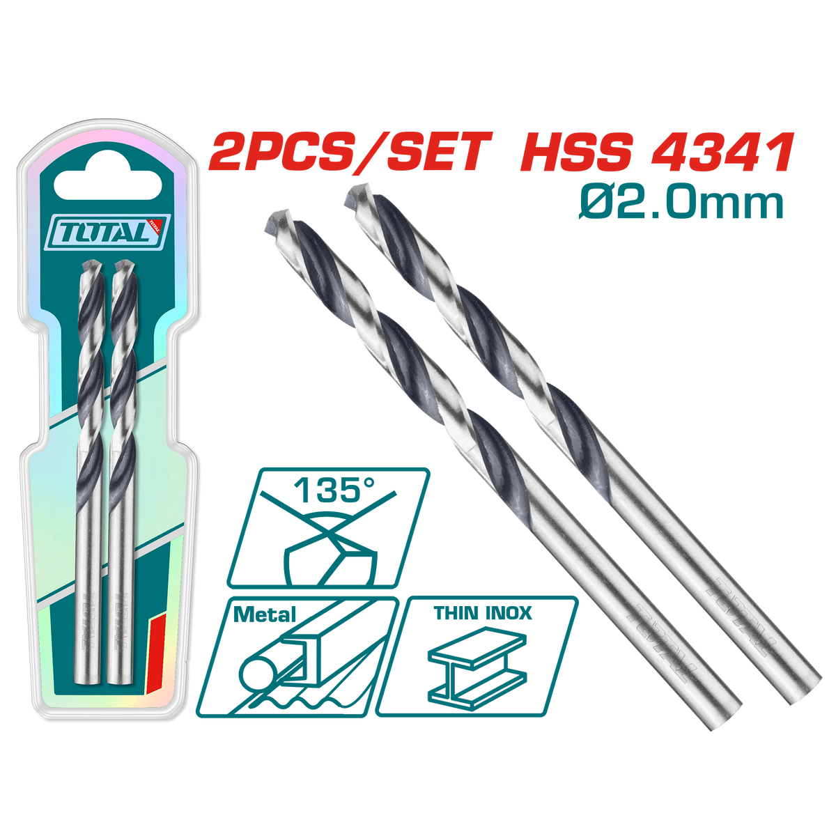 TOTAL HSS 4341 Drill Bit 2mm – 135° Point, 2 Pcs Set (TAC1200024)