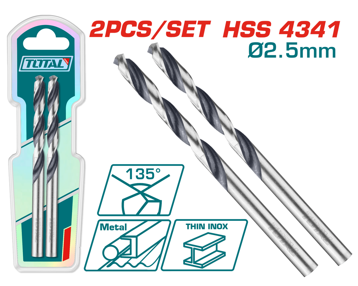 TOTAL 2 Pcs HSS Drill Bit set 2.5mm – 135° Tip HSS 4341 Steel (TAC1200254)