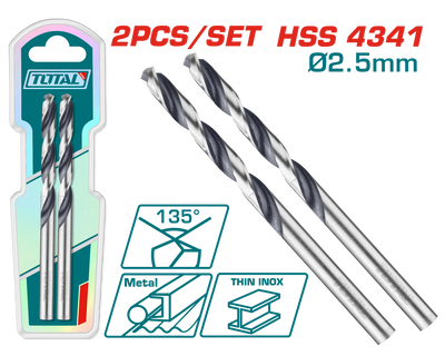 TOTAL 2 Pcs HSS Drill Bit set 2.5mm – 135° Tip HSS 4341 Steel (TAC1200254)