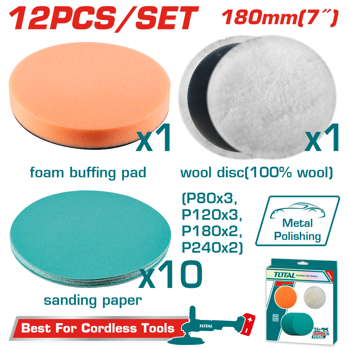TOTAL Polishing & Grinding Set – 12 Pcs, 180mm | 7", Wool Disc, Foam Pad, Sanding Papers (TAC18012)