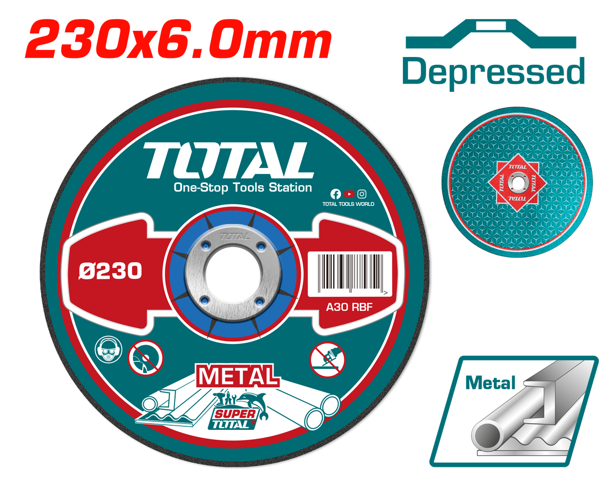 TOTAL Abrasive Metal Grinding Disc 230mm | 9" x 6.0mm x 22.2mm – Depressed Center (TAC2232301)