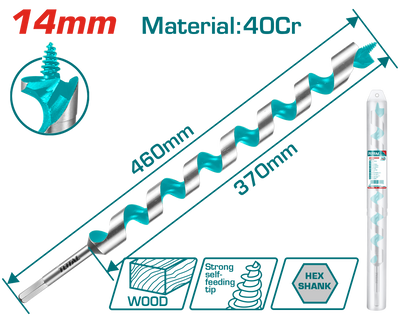 TOTAL Auger Drill Bit 14mm – Hex Shank Wood Drill Bit (TAC3514)