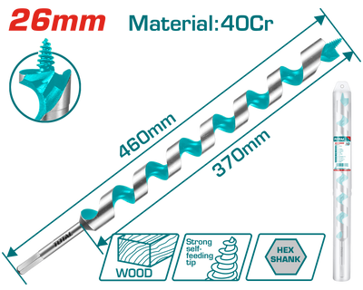 TOTAL Auger Drill Bit 26mm – Hex Shank Wood Drill Bit (TAC3526)