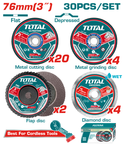 TOTAL 30 Pcs Cutting and Grinding Disc Set 76mm for Mini Angle Grinder (TAC97630)
