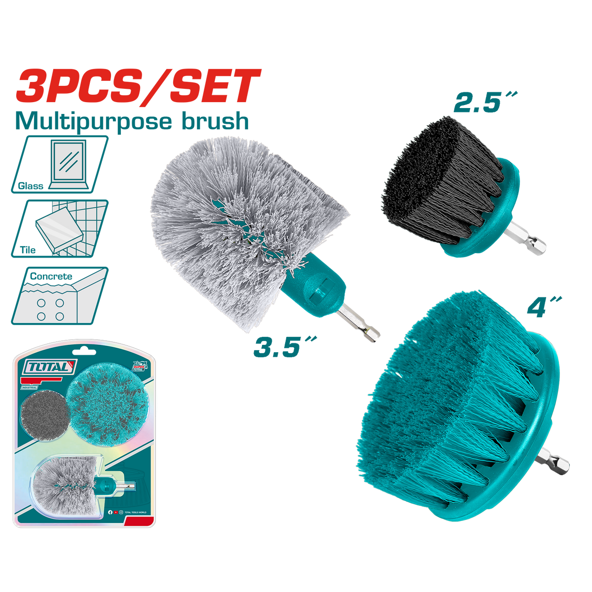 TOTAL 3 Pcs Multipurpose Brush Set – 1/4" Hex Shank (TACB0301)