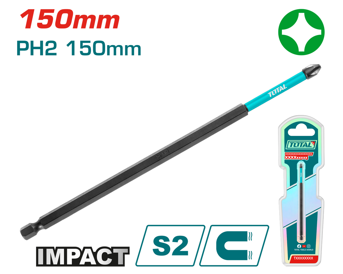 TOTAL Impact Screwdriver Bit PH2 – 150mm, S2 Steel, Magnetic (TACIM71PH2150)