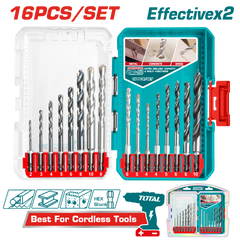 TOTAL 16 Pcs Metal, Masonry & Wood Drill Bits Set – Hex Shank Multi-Purpose Kit (TACSDL11608)
