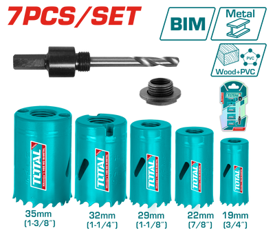 TOTAL 7 Pcs Bi-Metal Hole Saw Set – With Arbor & Adapter (TACSH1071)