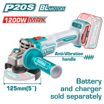 TOTAL Cordless Brushless Angle Grinder 20V – 125mm | 5" Heavy Duty Grinder - Battery & Charger Sold Separately (TAGLI212027)