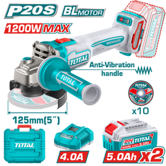 TOTAL Cordless Brushless Angle Grinder 20V – 125mm | 5", 1200W with 2 Batteries (TAGLI2120272)