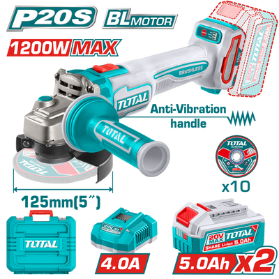 TOTAL Cordless Brushless Angle Grinder 20V – 125mm | 5", 1200W with 2 Batteries (TAGLI2120272)