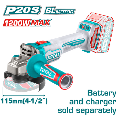 TOTAL Cordless Angle Grinder Brushless 1200W - 115mm | 4.5" Battery & Charger Sold Separately (TAGLI221153)