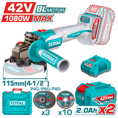 TOTAL 42V Cordless Angle Grinder – Brushless Motor, 1080W, 115mm Disc (TAGLI4108112)