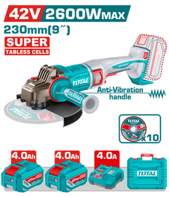 TOTAL 42V Brushless Cordless Angle Grinder 230mm – 2600W with 2 Batteries & Charger (TAGLI4260182)