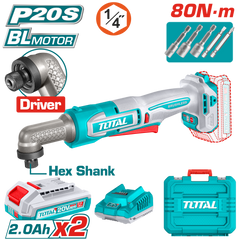 TOTAL 20V Cordless Angle Impact Driver Brushless – 80Nm with 2 Batteries & Carrying Case (TAIRLI208)