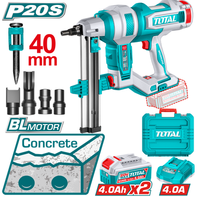 TOTAL Cordless Concrete Nailer – Brushless 20V with 2×4.0Ah Batteries (TCNLI9008)