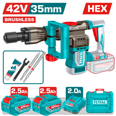 TOTAL 42V Brushless Cordless Demolition Breaker – 18J SDS HEX with 2 Batteries (TDBLI423582)
