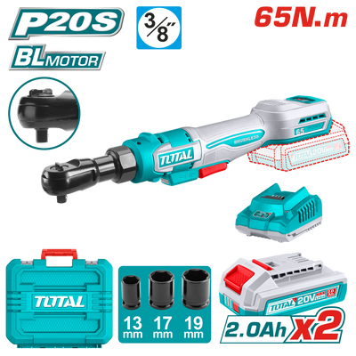 TOTAL 20V Cordless Drive Ratchet 65Nm – 3/8" With Batteries & Carrying Case (TDRLI20652)