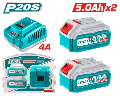 TOTAL P20S 20V Lithium-Ion Battery & Fast Charger Kit – Includes 2×5.0Ah Batteries and Fast Charger (TFBCPK2513)