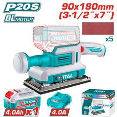 TOTAL 20V Cordless Brushless Finishing Sander – 90×180mm with 4.0Ah Battery & Charger (TFSLI20313)