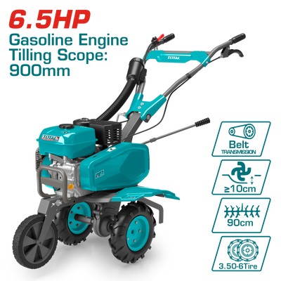 TOTAL Gasoline Tiller – 6.5HP Petrol Engine, 900mm Tilling Scope, 150–300mm Depth, Belt Drive (TGC5002)