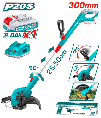 TOTAL 20V Cordless Grass Trimmer 300mm – 8200rpm with Edging Wheel & a Battery (TGTLI203285)