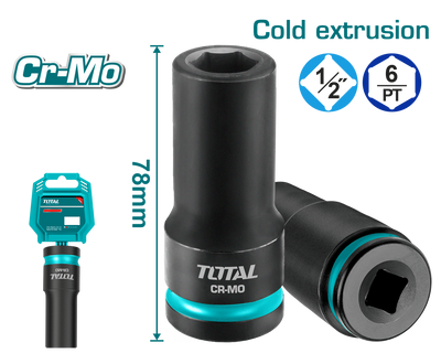 TOTAL 1/2" Drive Deep Impact Socket – CrMo Heavy Duty Impact Socket (THDIS12132L / THDIS12172L / THDIS12192L / THDIS12242L)