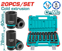 TOTAL 20 Pcs 1/2" Drive Impact Socket Set – Cr-Mo Impact Sockets with Carrying Case (THKISD12203L)