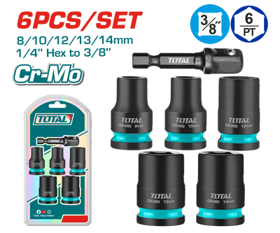 TOTAL 6 Pcs 3/8"DR Impact Socket Set – Cr-Mo, Heat Treated (THKISD38062)